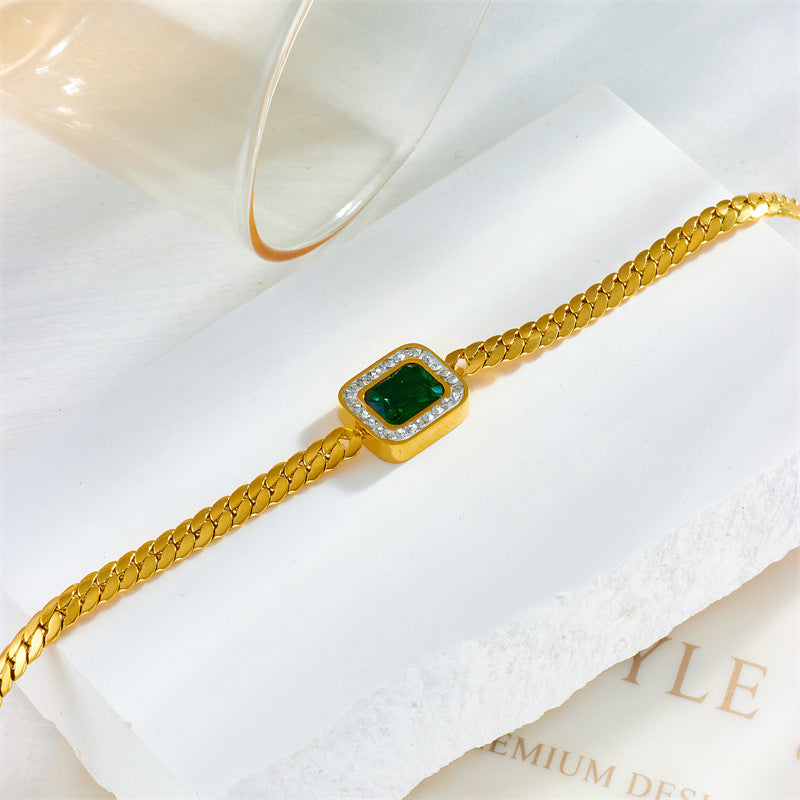 Fashionable Light-Luxury Emerald Pendant Necklace And Bracelet In Titanium Steel