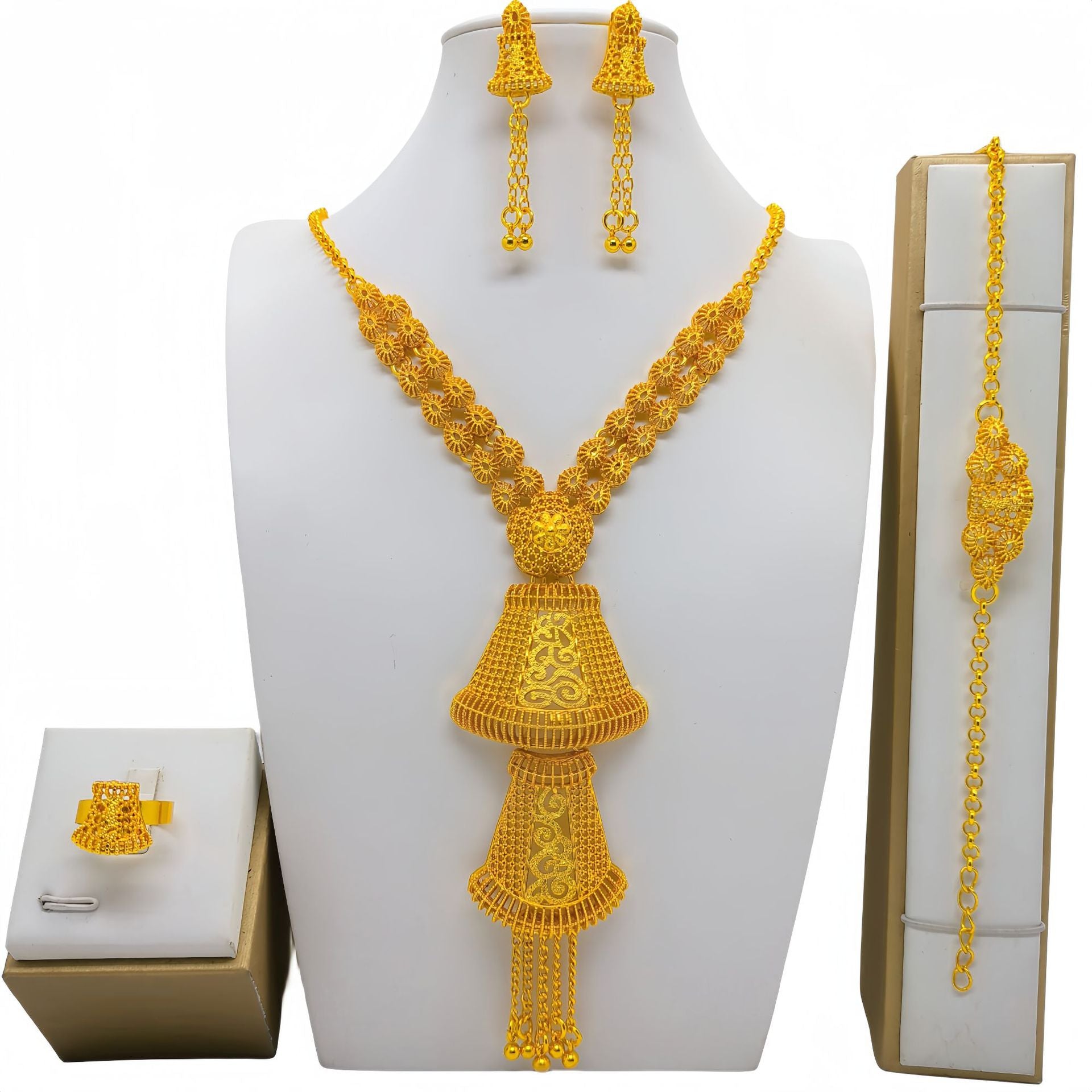 Gold Jewelry Suit Arabic Bridal Wedding Necklace Bracelet Earrings Ring