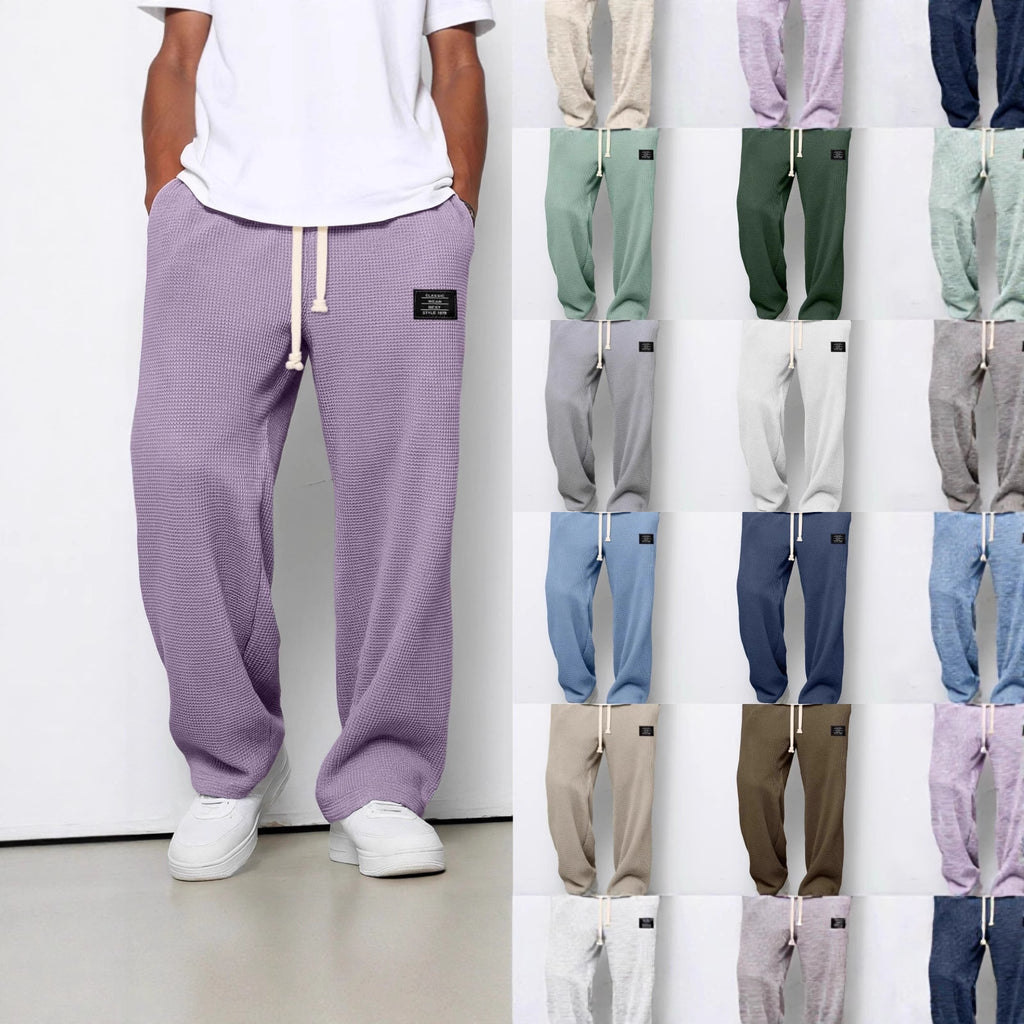 Waffle Straight Pants Fashion Brand Loose Loose  Drawstring Pockets Trousers Casual Men's Clothing