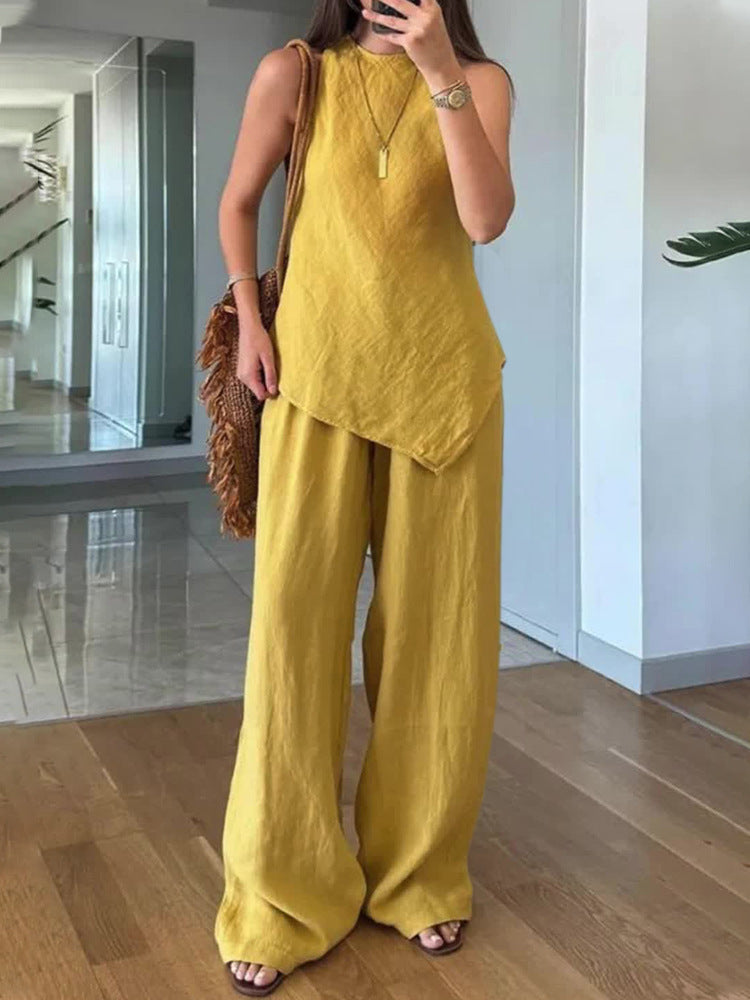 Casual Crew-Neck Pullover Sleeveless Pants With Pockets Cozy Two-Piece Set