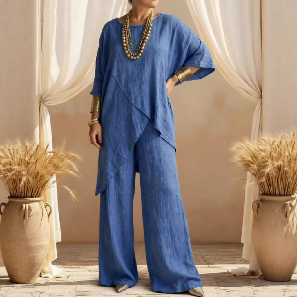 Womens Cotton-linen Crew-neck Loose Casual Two-piece Set