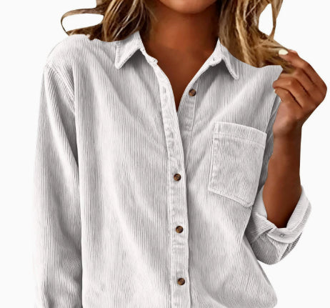 Corduroy Casual Loose Thick Shirt With Striped Turn-Down Collar And Long Sleeves