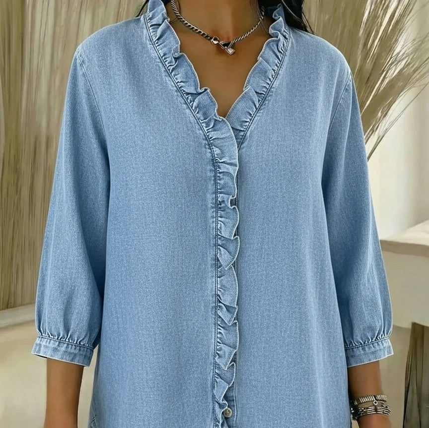 Womens Casual Denim-Style V-Neck Ruffle-Trim Shirt
