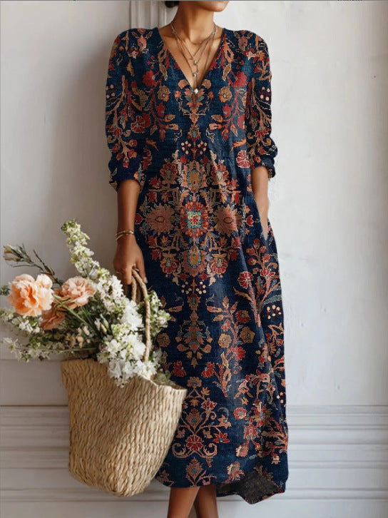 Stylish And Elegant EuropeanAmerican Printed V-neck Maxi Dress