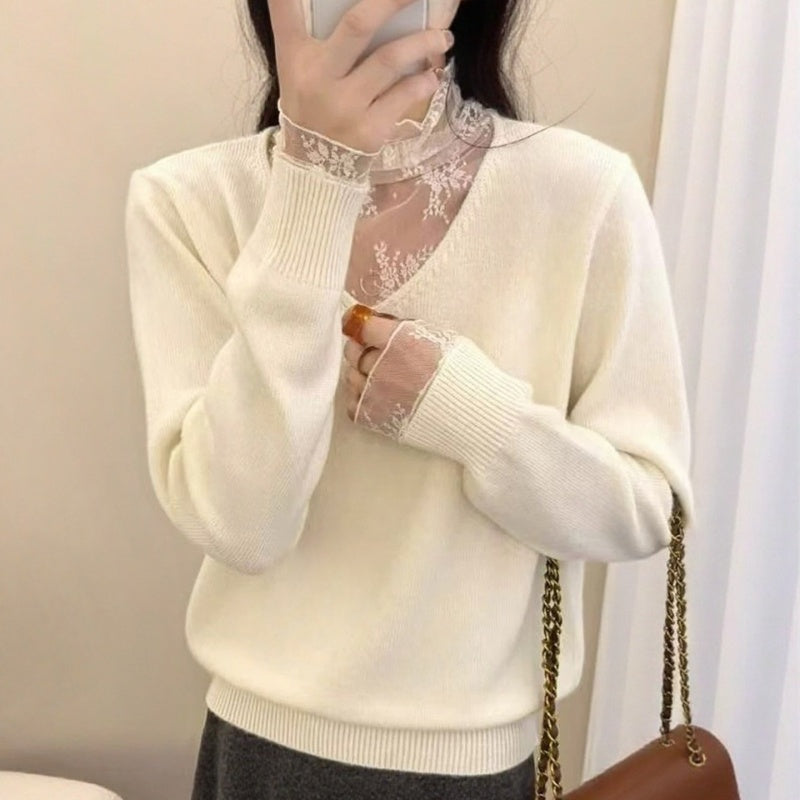 Lace-Panel Fake Two-Piece V-Neck Knitted Sweater