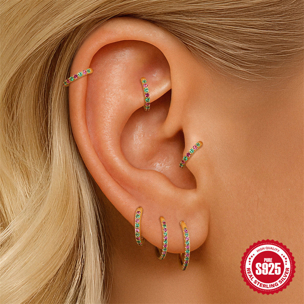 S925 Sterling Silver Single-row Pave-set Colored Diamond Stud Earrings