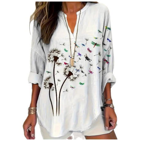 Womens Stand Collar Button-Down Drop Shoulder Long-Sleeve Top