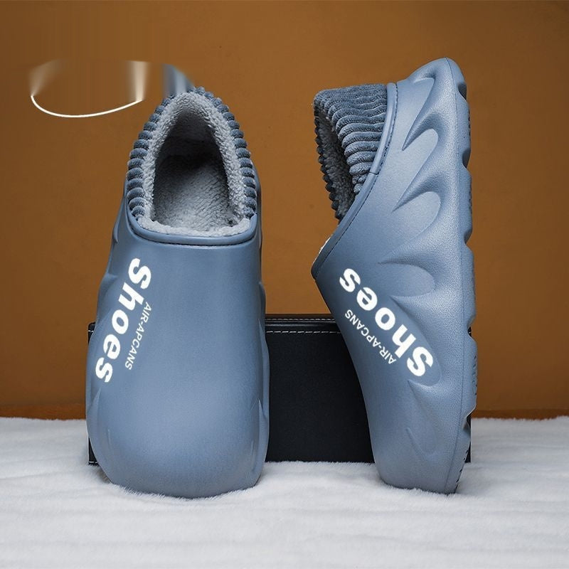 Mens Fleece-Lined Non-Slip Closed-Toe EVA Waterproof Cotton Slippers
