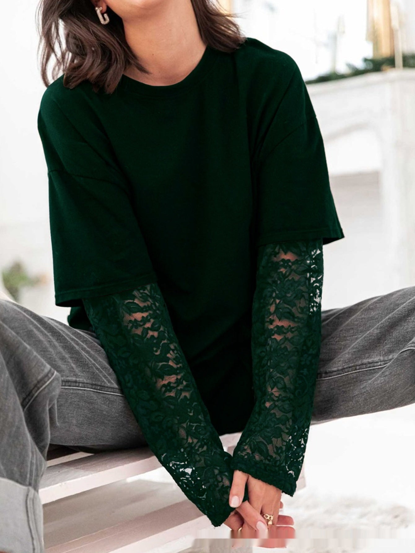 Casual Comfortable And Stylish Lace-panelled Long-sleeve For Commuting