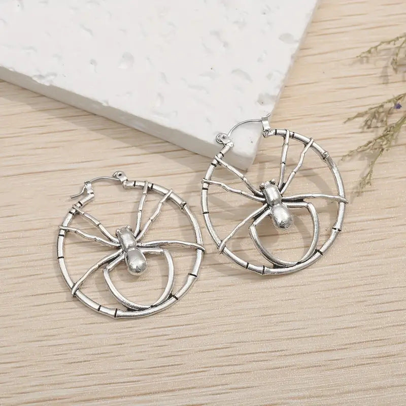 Womens Retro Statement-Style Round Spider-Shape Hollow Earrings