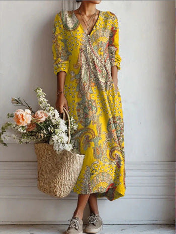 Stylish And Elegant EuropeanAmerican Printed V-neck Maxi Dress