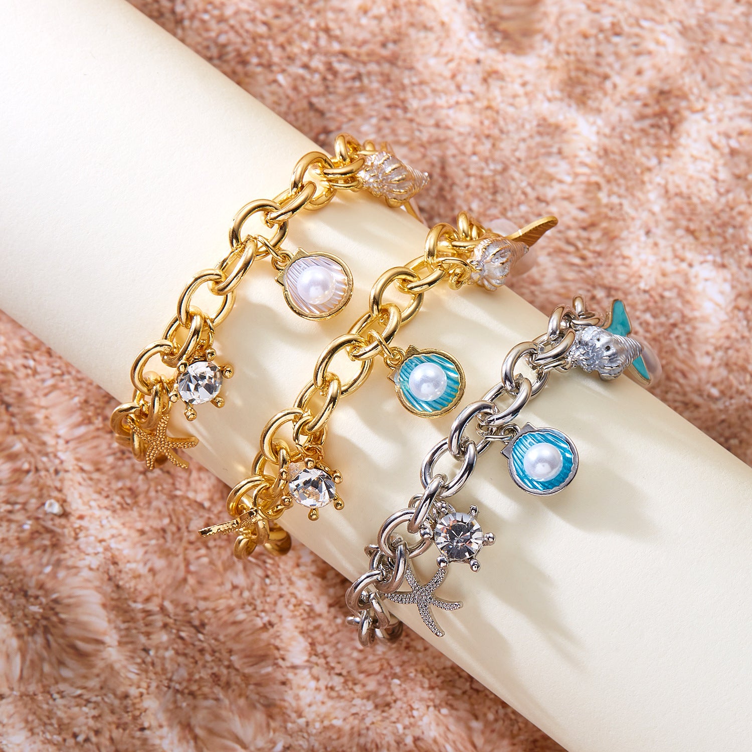 Women's Fashion Starfish Pearl Shell Fishtail Multi-pendant Necklace Bracelet