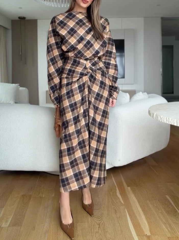 Brown-Black Plaid Twist Front Ruched Waist Long Sleeve Maxi Dress