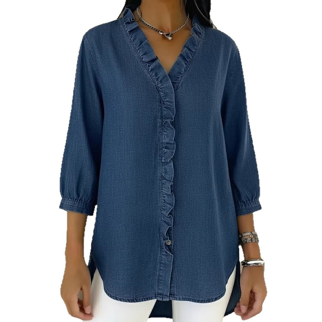 Womens Casual Denim-Style V-Neck Ruffle-Trim Shirt