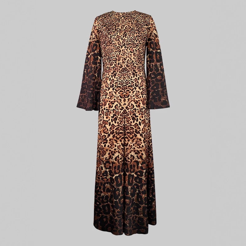 Womens Leopard-Print Crew-Neck Long-Sleeve Flare-Sleeve Jumpsuit