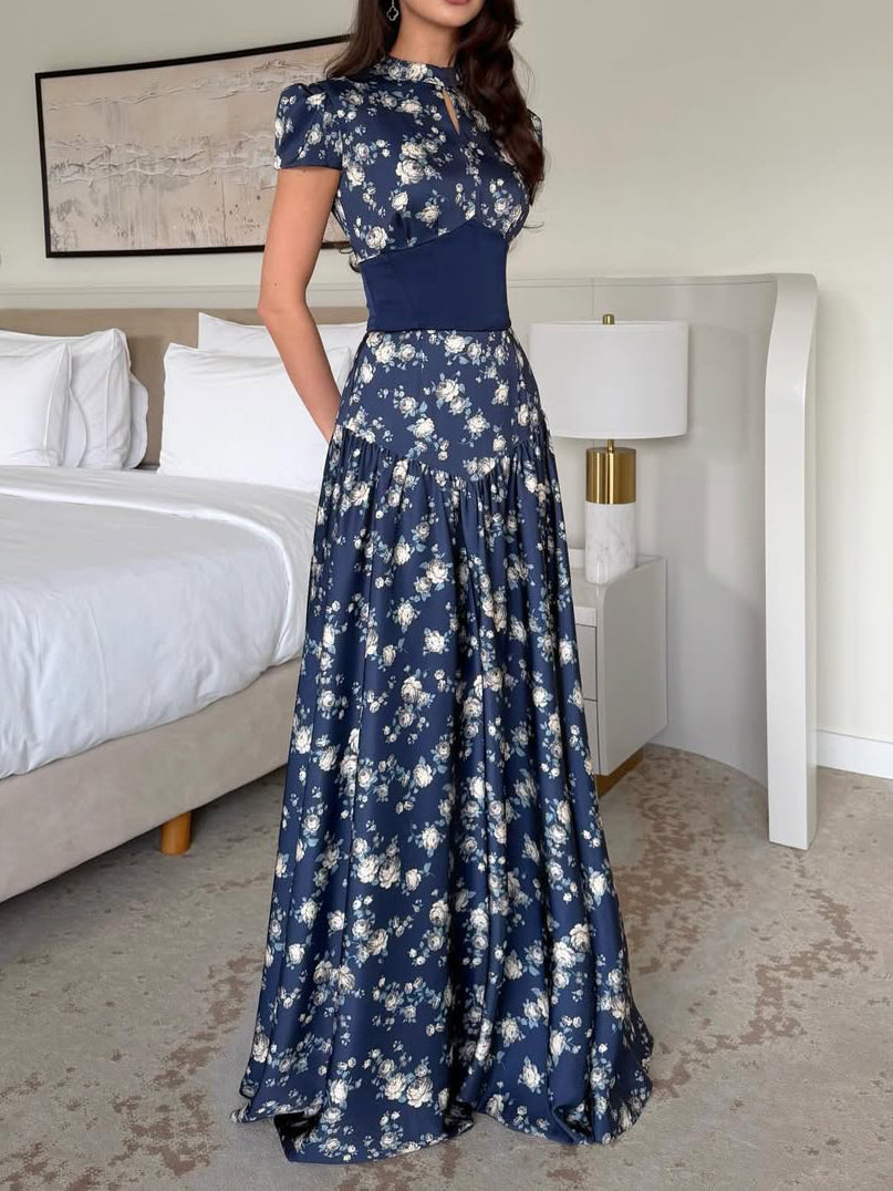 Navy Floral Print Panel Mandarin Collar Short Sleeve Ball Gown Maxi Dress