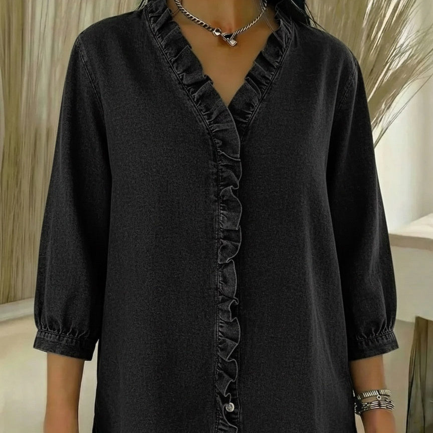 Womens Casual Denim-Style V-Neck Ruffle-Trim Shirt