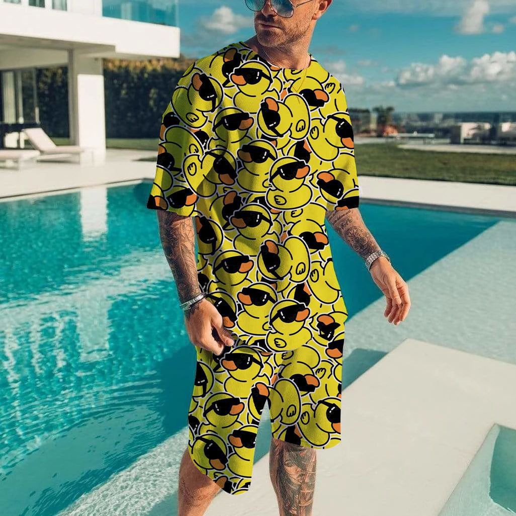 3D digital printed men's casual short sleeved shorts set