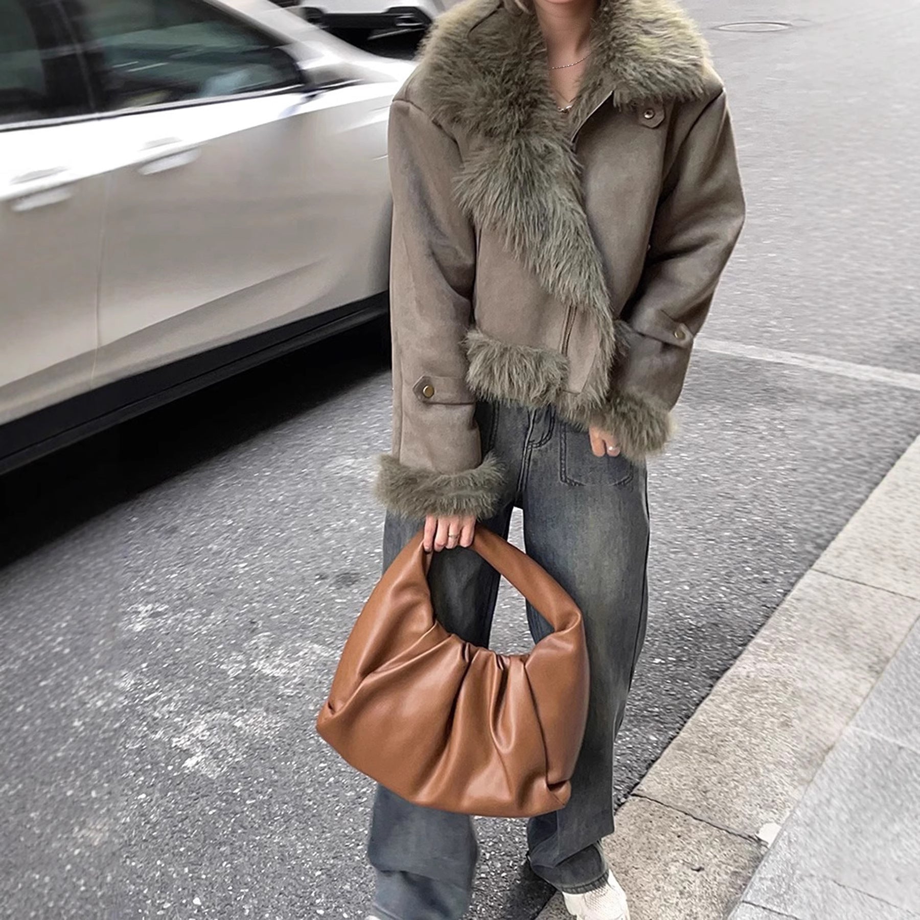 Leather-and-fur Jacket With Suede Lining Short Biker Style