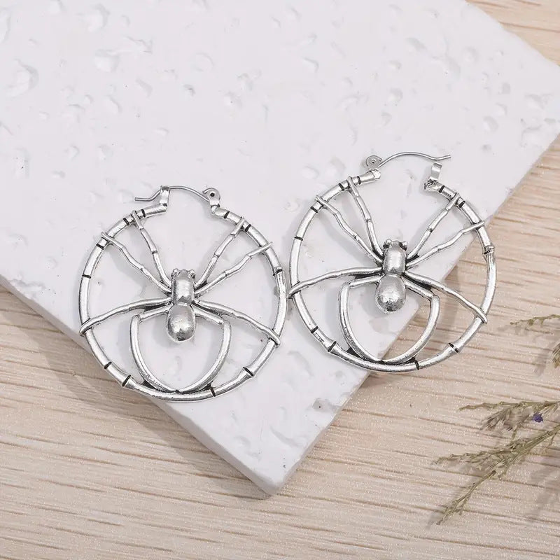 Womens Retro Statement-Style Round Spider-Shape Hollow Earrings