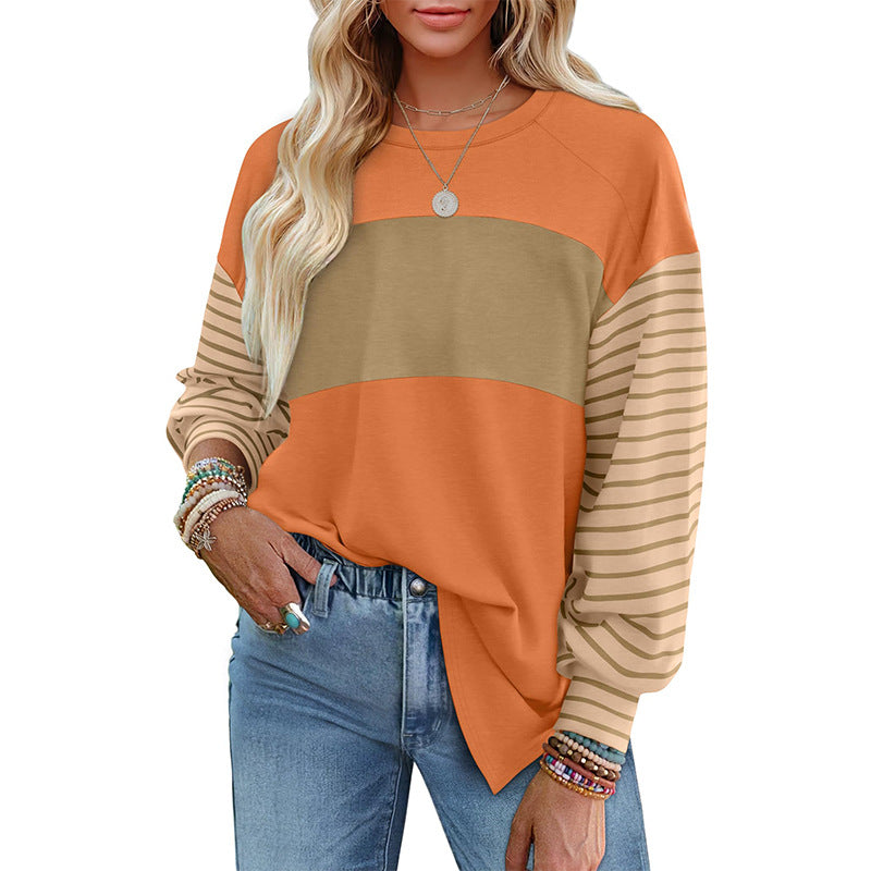 Pullover Crewneck Striped Casual Contrast-color Long-sleeve Top