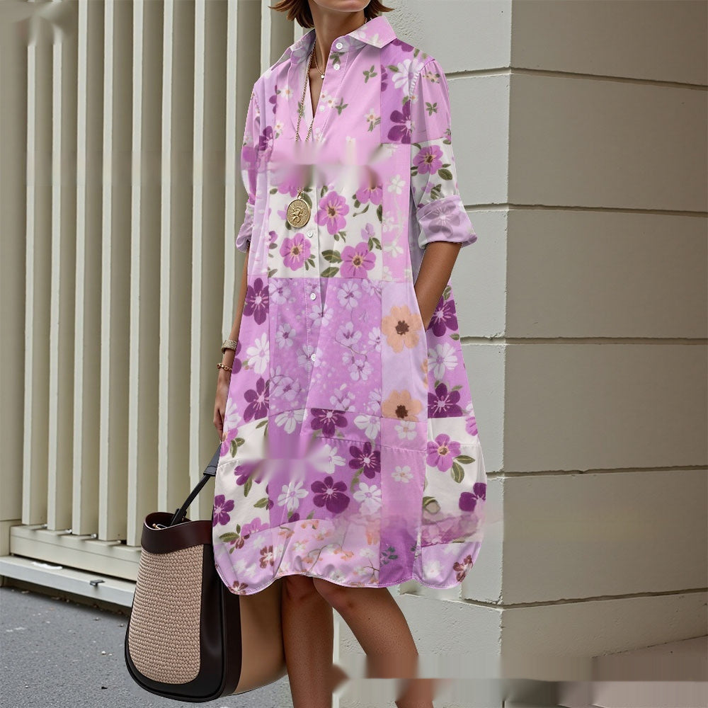 Creative Floral Art Print Long Sleeve Shirt Dress