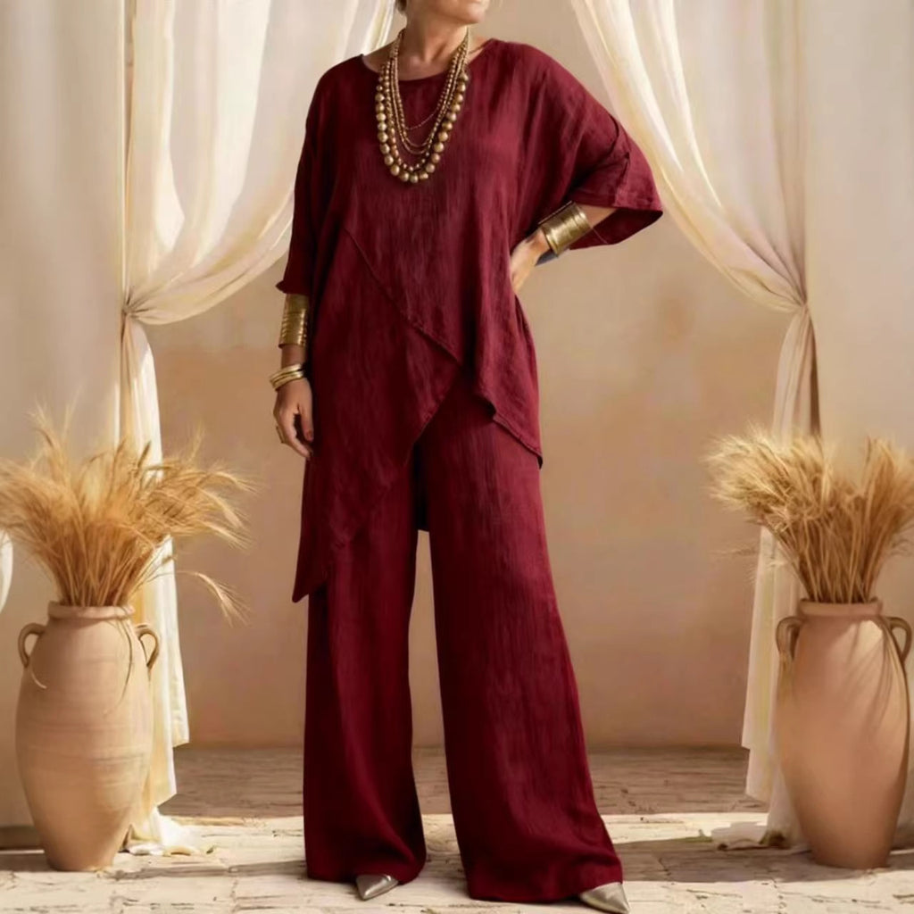 Womens Cotton-linen Crew-neck Loose Casual Two-piece Set