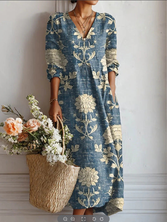 Stylish And Elegant EuropeanAmerican Printed V-neck Maxi Dress