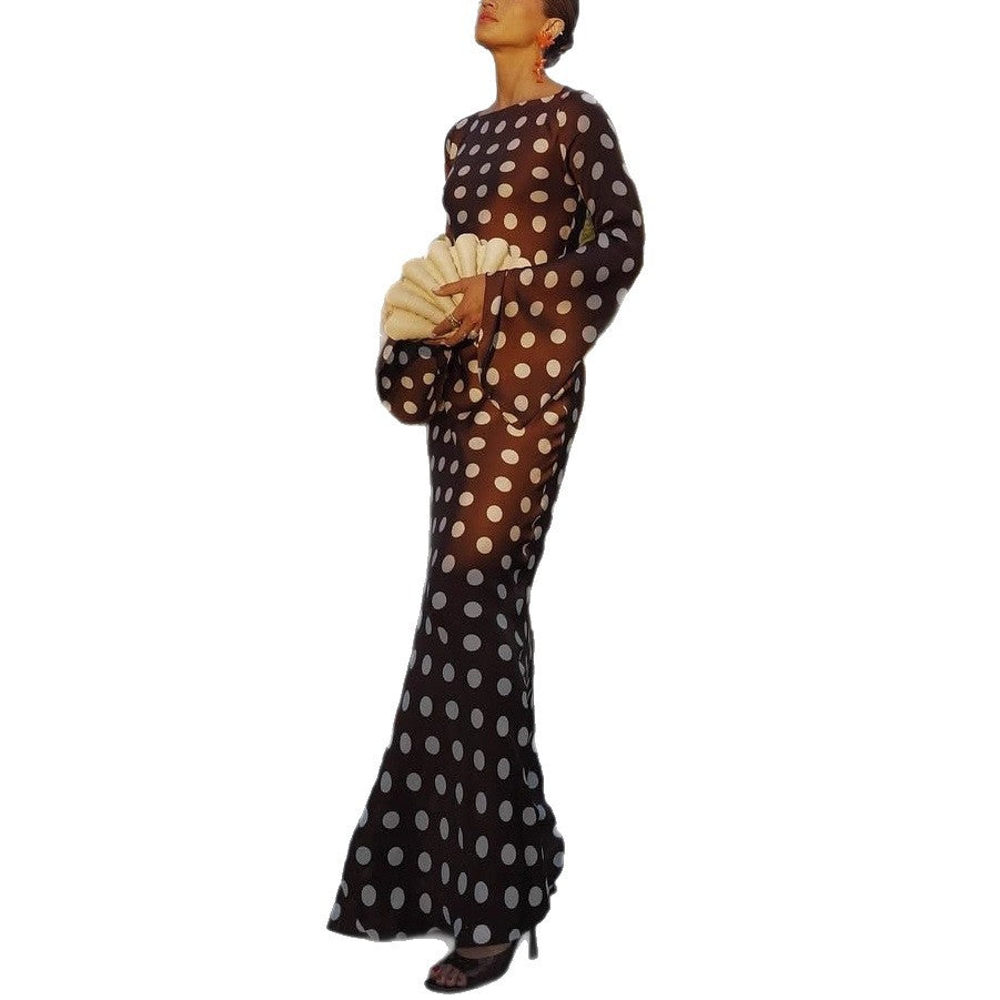 Polka-dot Round-neck Long-sleeve Flared-sleeve Dress