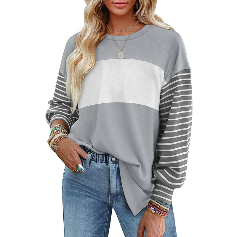 Pullover Crewneck Striped Casual Contrast-color Long-sleeve Top